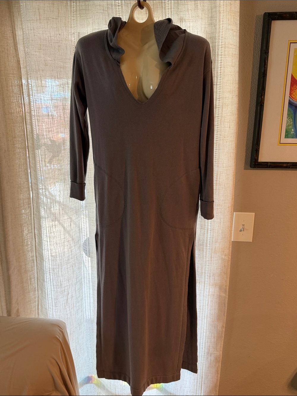 Free People Hooded V-Neck Maxi Dress in Charcoal Gray